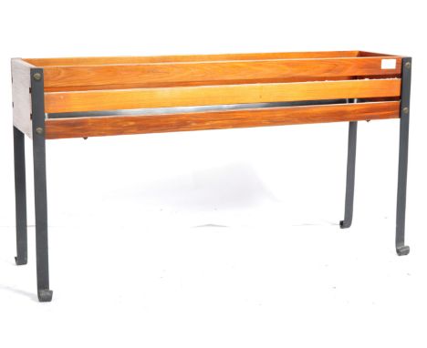 An original retro vintage 20th Century Danish influence teak wood floor standing planter jardiniere plant stand having slatte