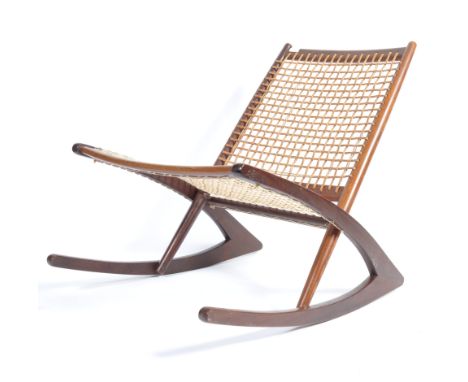 Fredrik A. Kayser - Model 599 - A retro vintage mid 20th Century Norwegian teak wood low rocker / rocking chair having a weav