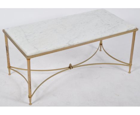 A retro vintage 20th Century Hollywood Regency gilded brass ormolu and marble topped coffee table. Thick white and grey veine