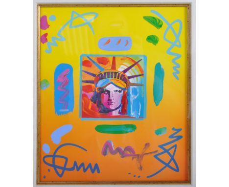 Peter Max (b.1937) Liberty Head II Collage (1997) - an original mixed medial with acrylic painting on board, with a central S