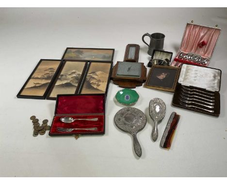 A collectors' lot with silver, plate, barometer etc, including tokens, pictures, pewter tankard, mirror, brush and comb and a