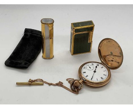 DUNHILL; a vintage two tone lighter, a Dupont lighter, and a gold plated crown wind full hunter pocket watch on fine link cha