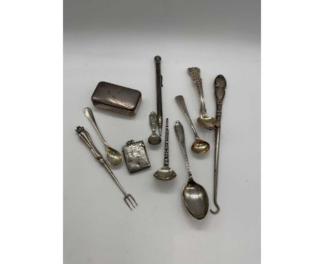 A quantity of small silver and white metal items including snuff box, vesta case, fork, button hook, propelling pencil, vario