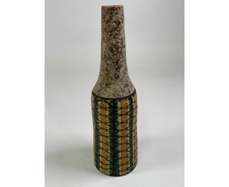 A mid 20th century Italian art pottery vase, in rough lava textural glaze with green and yellow vertical stripes, in the Bito