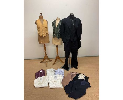 Vintage gentlemens' clothing to include a morning suit, waistcoats and shirts