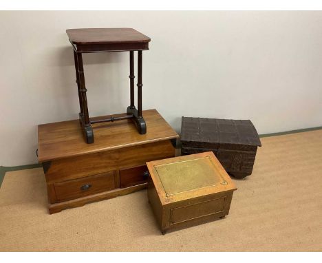 A metal bound small domed trunk, a beaten brass clap bin, a mahogany occasional table and a side unit with two drawers (4).