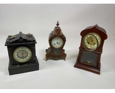 A late 19th century French black slate and green marble detailed mantel clock, a French gilt metal applied balloon eight day 