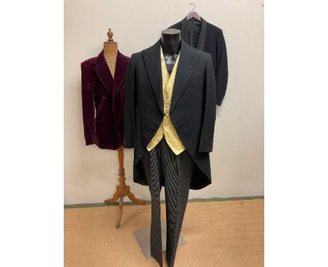 A man's vintage morning suit with silk figured silk waistcoat, a vintage shawl collar dinner suit and a velvet dinner jacket,