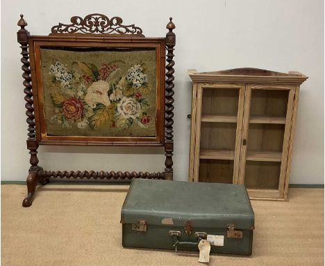 A pine wall hanging display cabinet with two fitted shelves, height 79cm, width 65cm, depth 22cm, together with a mahogany ta