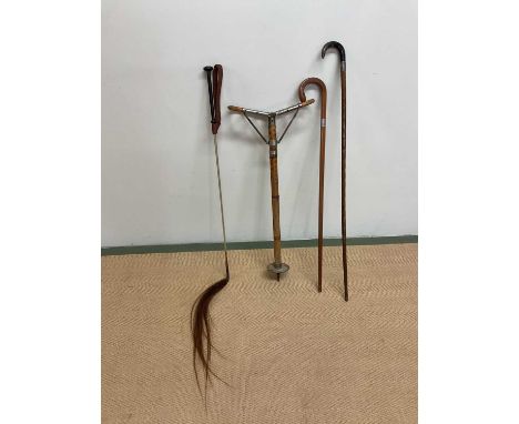 ASPREY; a leather handled riding crop with horse hair tail, an early 20th century bamboo shooting stick and two walking stick