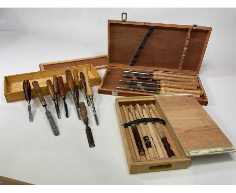 A quantity of wood working tools including a case of Axminster tool company chisels
