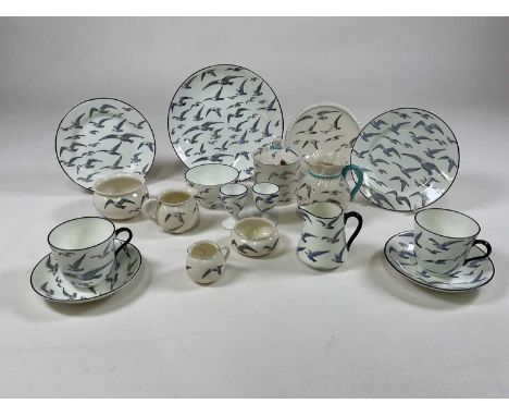 GOSS; a collection of Goss ware decorated with seagulls in flight consisting of vintage and newer pieces, including tea cups 