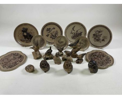 POOLE POTTERY; a collection of stoneware animals and plates including owls, wrens, nuthatch, goldcrest, toad and others