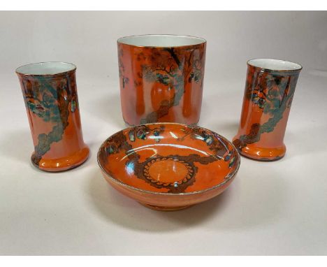Early 20th century Wilkinson Ltd pottery jardiniere, height 23cm, and a footed shallow bowl, diameter 26cm and a pair of vase