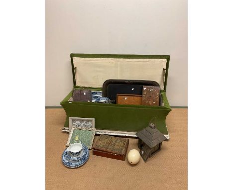 A late 19th century upholstered ottoman, together with an eclectic collection of items to include teak bowls, ceramics, metal