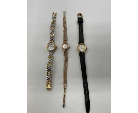 CERTINA; a lady's vintage 9ct yellow gold wristwatch with textured bracelet, approx 14.6g, two Rotary watches (3).