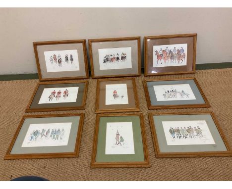 UNATTRIBUTED; nine unattributed watercolour paintings horse racing, polo, hunting and shooting scenes, 11 x 18cm landscape st