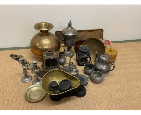 A collection of metalware and treen including a large Eastern globular vessel, plated ware, teak bowl, lamp etc.