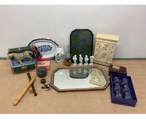 A collectors' lot including a Steiff zebra, vintage flags, a mirror, papier mache tray, Portmeirion vase, a mortar and pestle