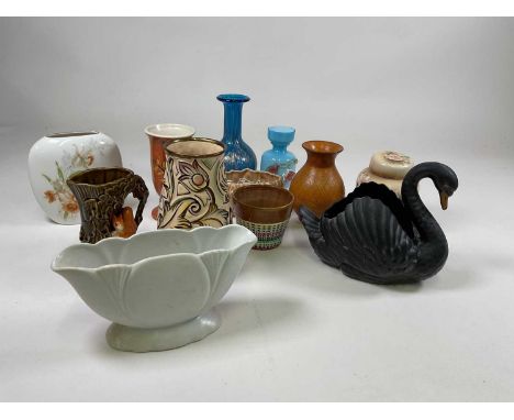 Mixed ceramics comprising a Dartmouth black swan planter, a Dartmouth flower trough, Wade vase, Sylvac and other items
