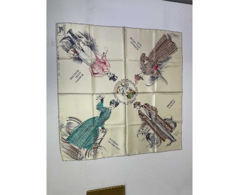 BURBERRY; a vintage silk scarf decorated with a female cyclist, gentleman standing beside a motorcar, lady wearing raincoat a
