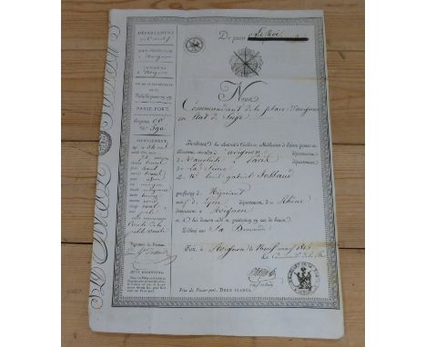 French Passport, 1815.&nbsp;&nbsp;Eng. manuscript passport, Avignon district for Louis Tossaud, a merchant. Single folio leaf