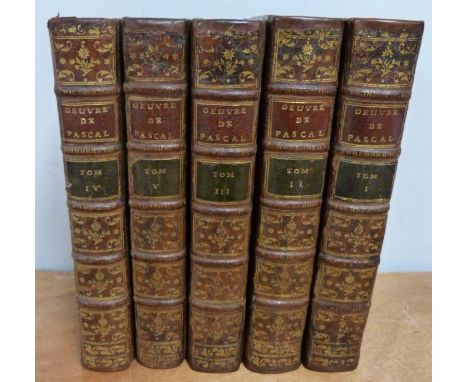 PASCAL BLAISE. &nbsp;Oeuvres de Blaise Pascal. 5 vols. Eng. port. frontis (damp stng. to this &amp; title of vol. 1). 14 fldg