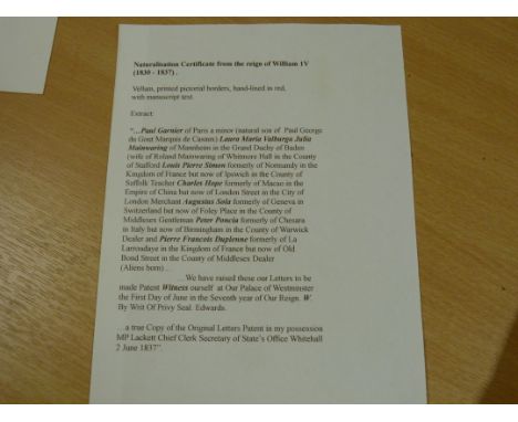 WILLIAM IV.&nbsp;&nbsp; Folded vellum manuscript document, engraved borders, no seals, naturalisation certificate in respect 