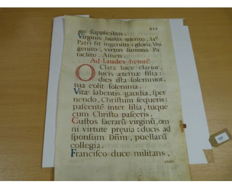 Manuscript Leaf.&nbsp;&nbsp;Italian liturgical large folio manuscript leaf (numbered 217/218) on vellum, prob. Poor Clares, e