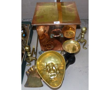 An anodized copper coal box; brass fire irons; a set of brass kitchen scales and weights; etc.