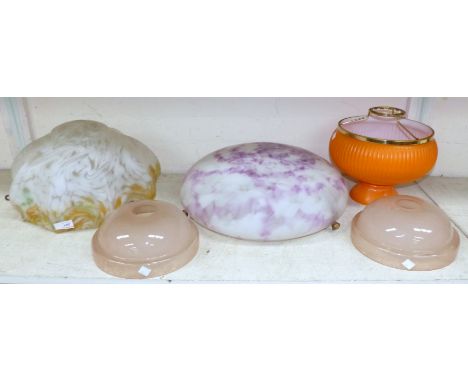 A 1920's coloured cloud glass pendant light shade (a.f.); 5 other light shades