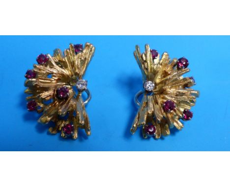 A pair of modernist 18 carat hallmarked gold diamond and ruby earrings (13.7gm)