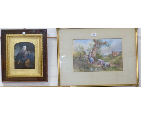 An overpainted 19th century photograph of a high ranking officer; a print of children after Birket Foster, framed and glazed