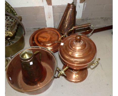 A copper warming pan; 2 copper flasks; copper kettle; copper urn etc