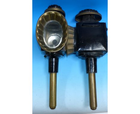 A pair of 19th century brass and Japanned metal coaching lamp