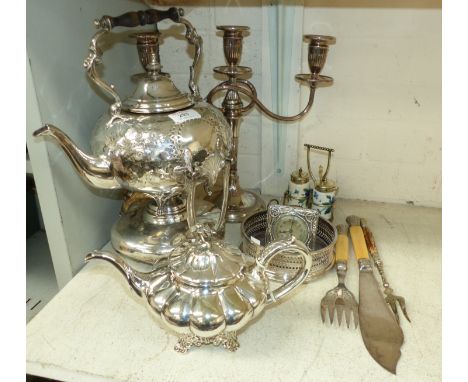 A Victorian silver plated kettle on stand; a clock with silver mount; other EPNS