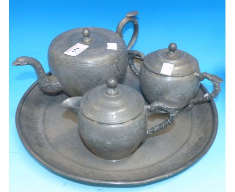 A Chinese chased pewter 4-piece tea set, seal marks to base