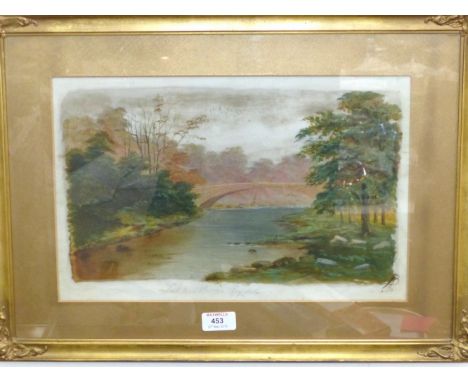 19th Century:  "Pelter Bridge, Rydal", oil on glass panel, monogrammed, framed and glazed