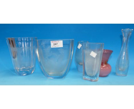 An Orrefors rectangular tapering vase etched with naked woman and bird, height 5½"; 4 similar Art Glass vases (all with lime 