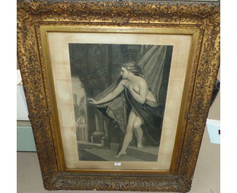 A large 19th century gilt framed monochrome print of a young woman; a wood effect wall mirror