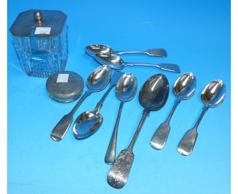 A cased and monogrammed 5 piece cruet set with spoons, Birmingham 1938; a silver top preserve pot; a continental patch box; a