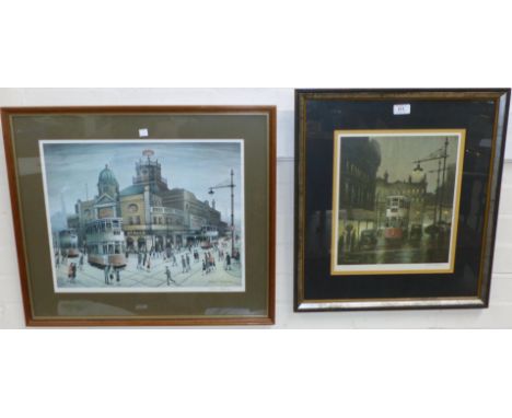 Arthur Delaney:  "Lewis's", street scene with tramcar, artist signed limited edition print, framed and glazed; a similar prin