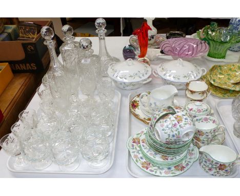 Two cut glass ships decanters; other glassware; a Minton part tea service; etc.