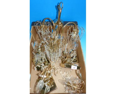 A modern gilt metal and crystal 3 light chandelier fitting with cut drops, and 4 matching wall lights