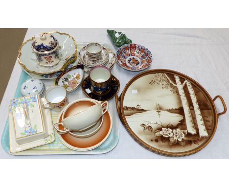 Two Susie Cooper soup bowls and saucers; decorative china including Limoges