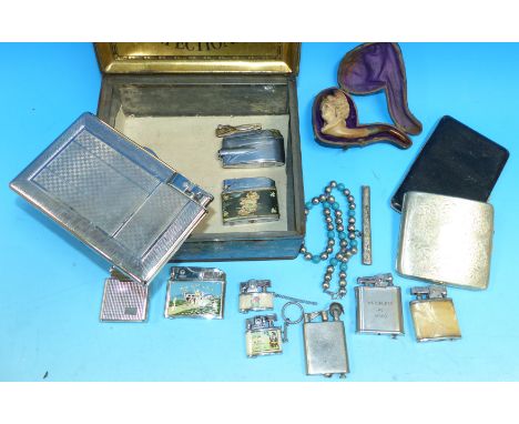 A selection of vintage cigarette lighters; cigarette cases; a cased Meerschaum pipe; a silver cased mother-of-pearl nail file