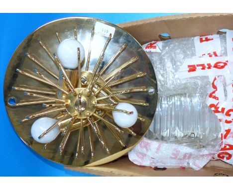 A gilt metal and cut glass circular centre light chandelier fitting