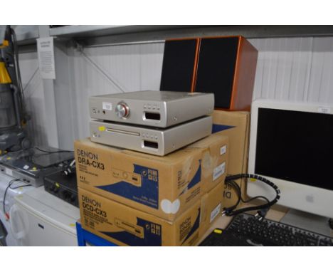 A Denon CD player, a Denon receiver, and a pair of Denon speakers; together with a pair of Wharfdale speaker stands 