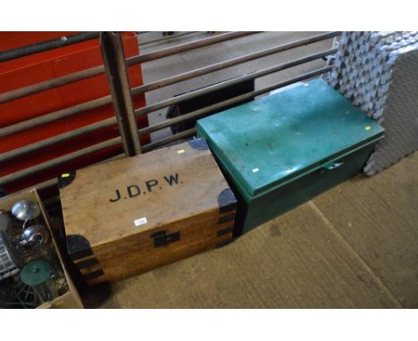 A metal bound pine box; and a metal trunk