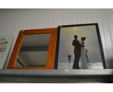 An oleograph depicting dancers; together with a pine framed mirror